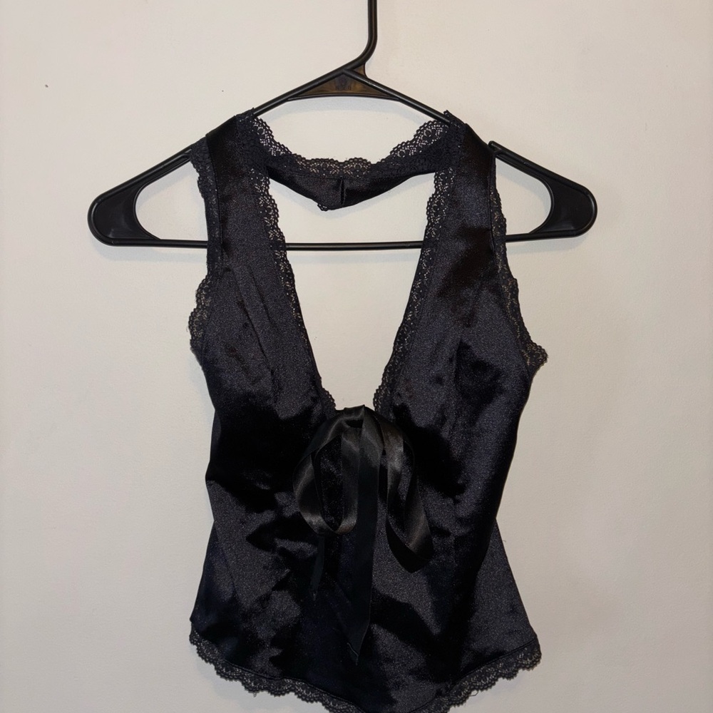 Urban Outfitters Black Satin Lace Halter Top